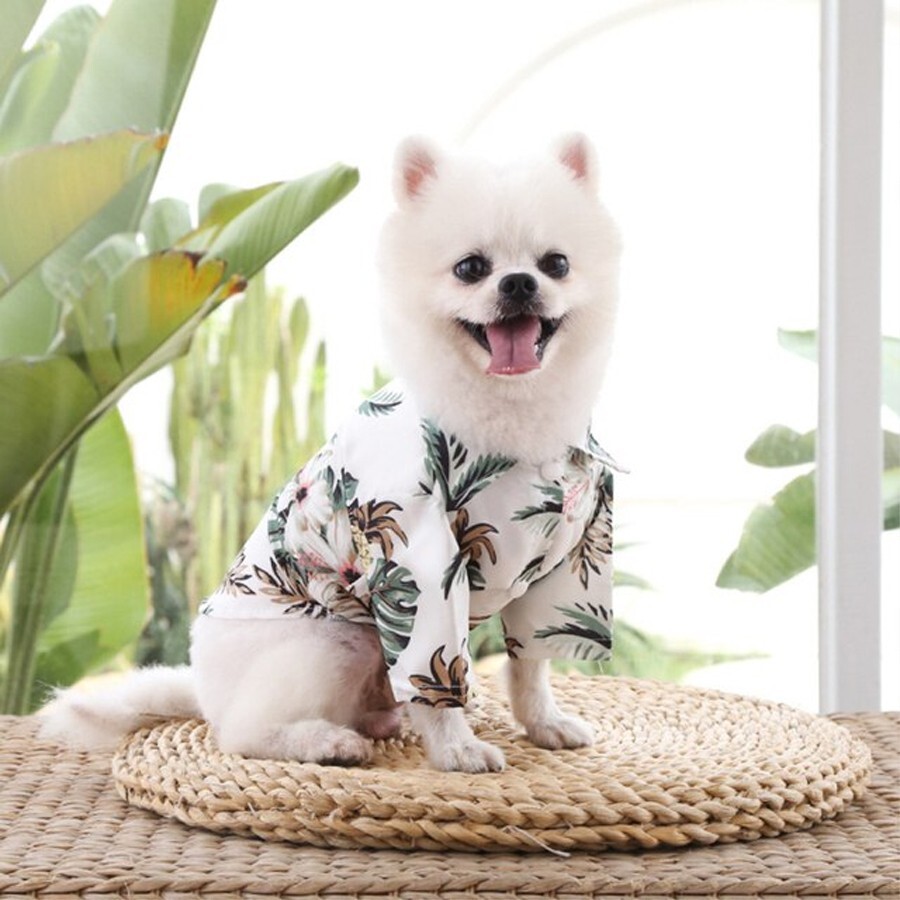 Small Pet Dog Cat - Hawaiian Style Printed T Shirts Clothes - White Coconut Tree