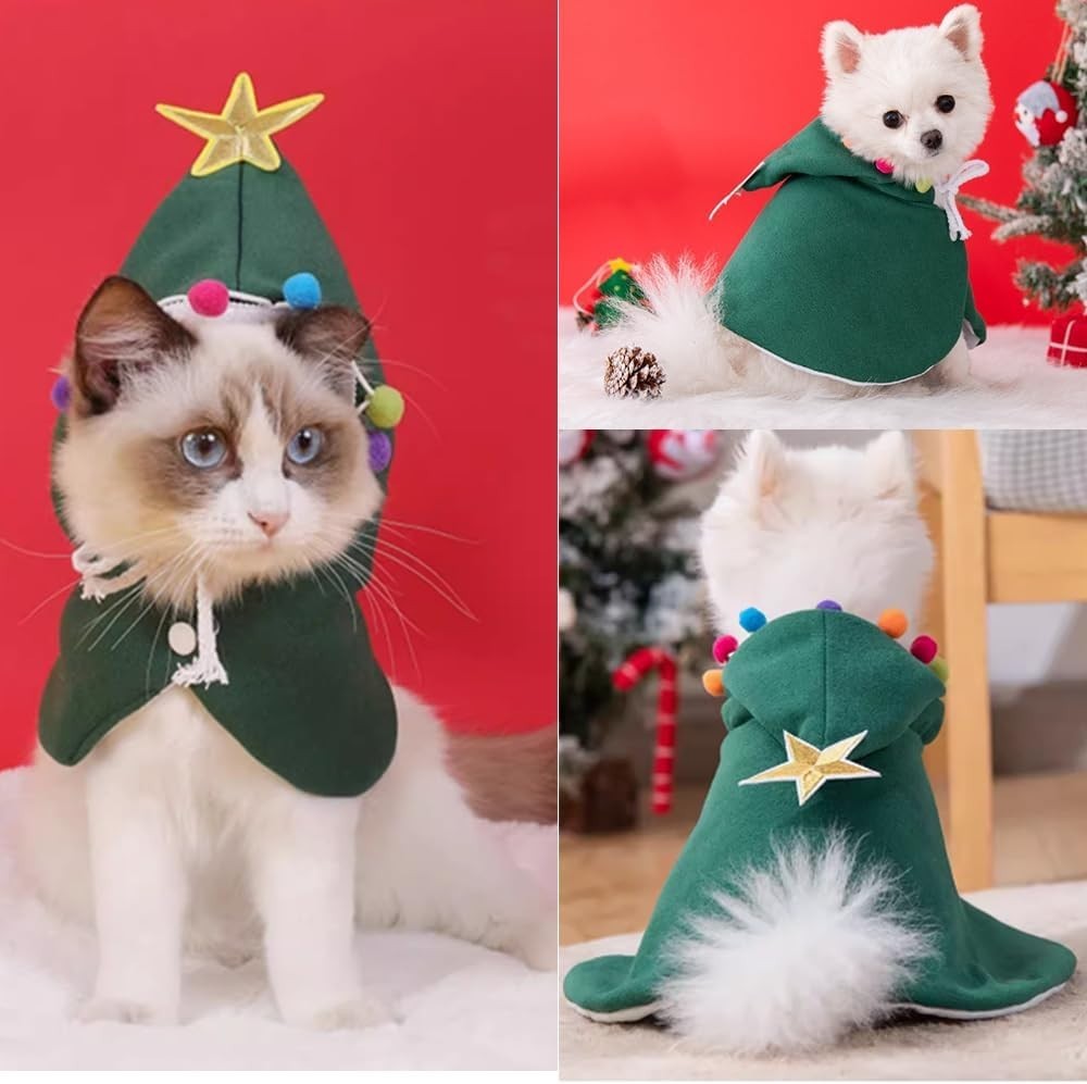 Christmas Tree Pet Cape - Festive Hooded Cloak with Pom-Poms & Star, for Cats & 