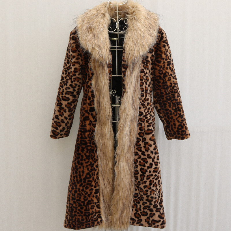 Womens American Style Coat Long Faux Fur Collar Leopard Print Overcoat Plus size