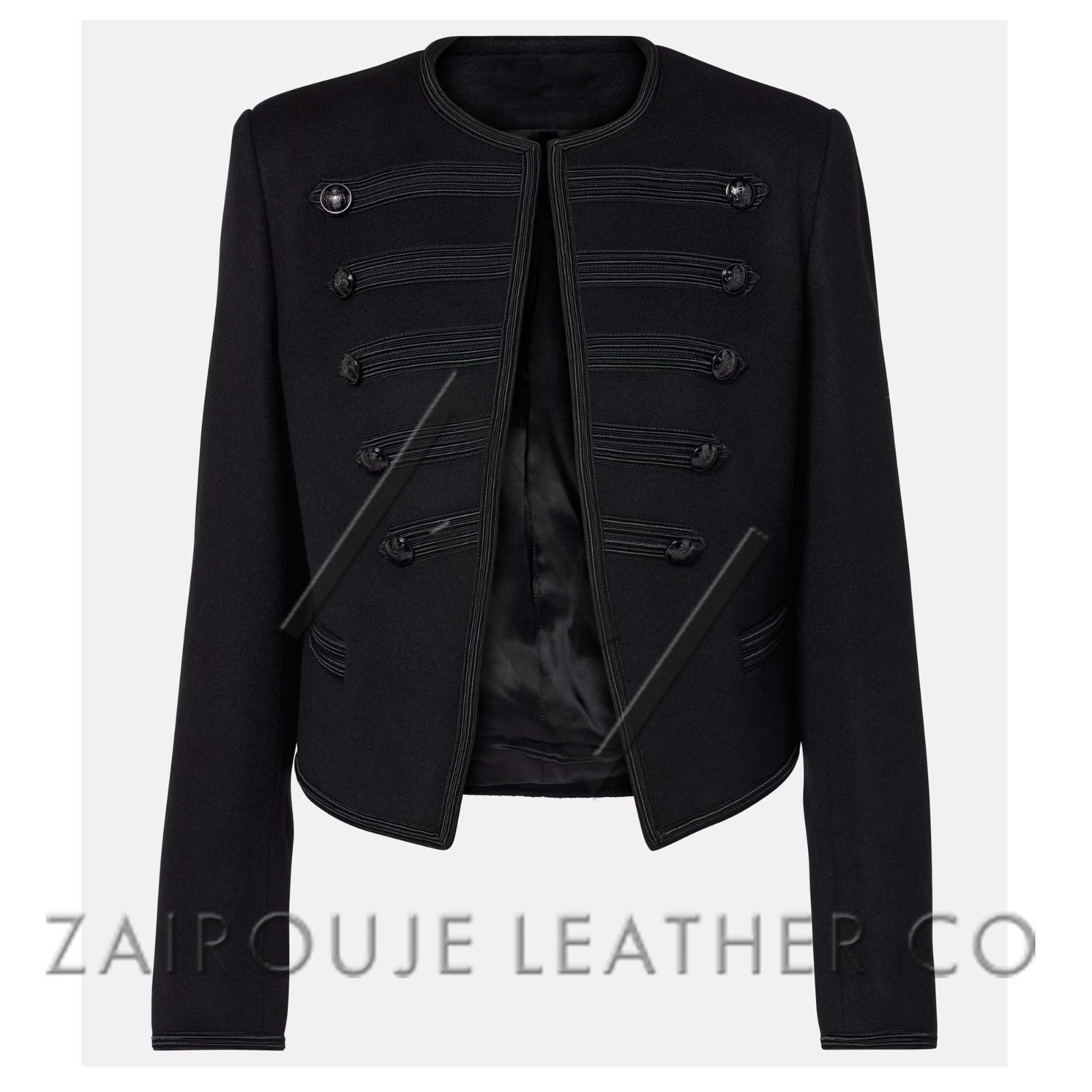 Women Black Wool Military Band Jacket Structured Cropped Designer Style