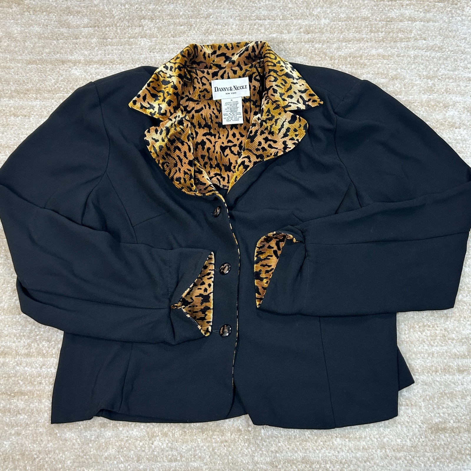 Danny & Nicole Womens Blazer Jacket 16 Black Leopard Trim Lined Casual Style
