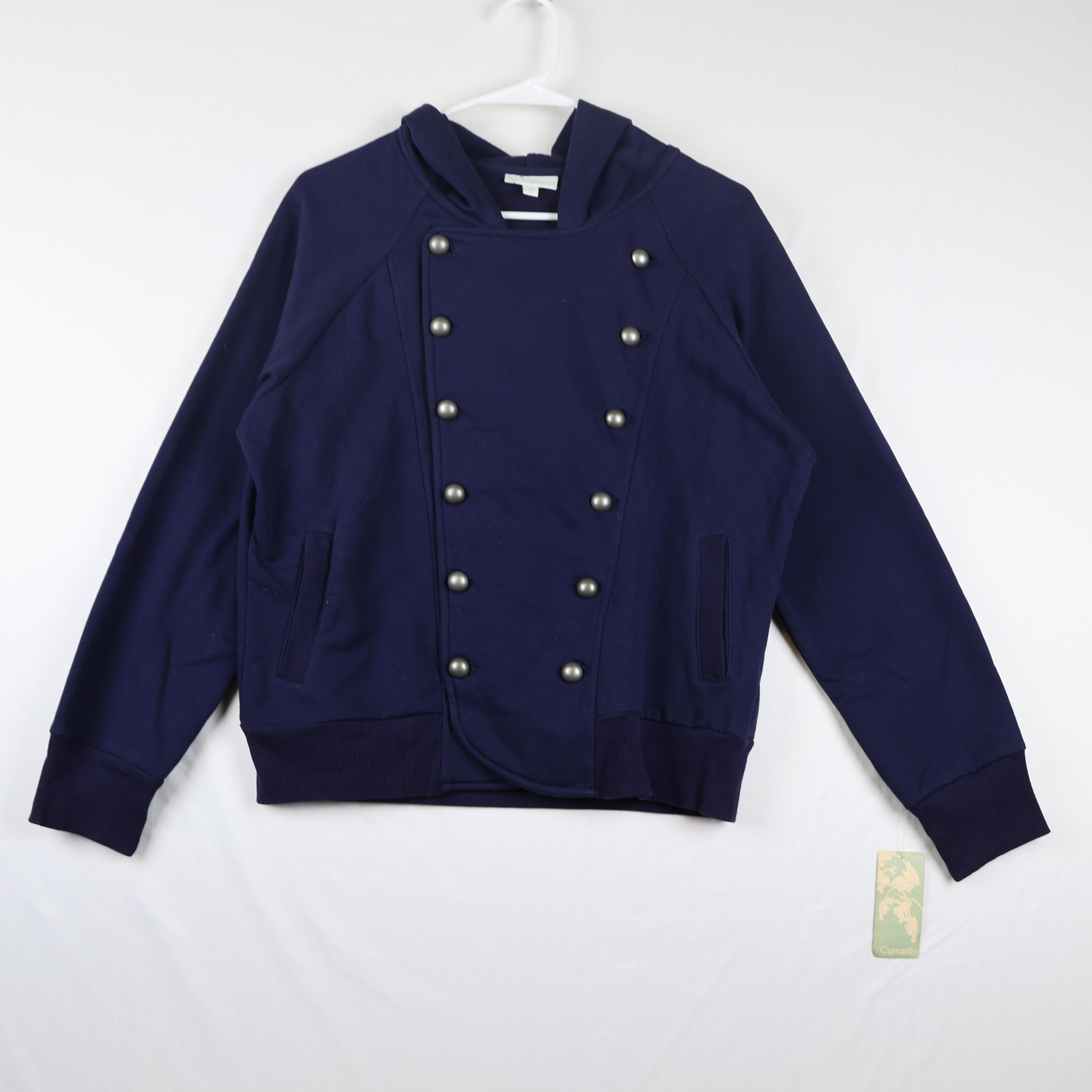Currants Jacket Womens Large Navy Blue Button Hoodie Military Style Casual NWT