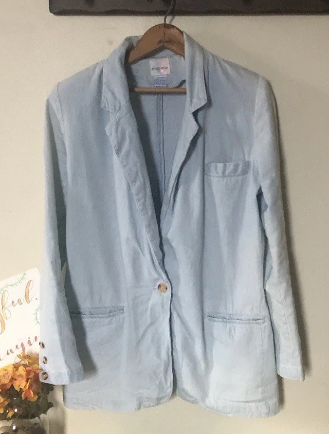 Vtg Styles to Go Womens S Light Wash Denim 1-Button Blazer Pockets 100% Cotton