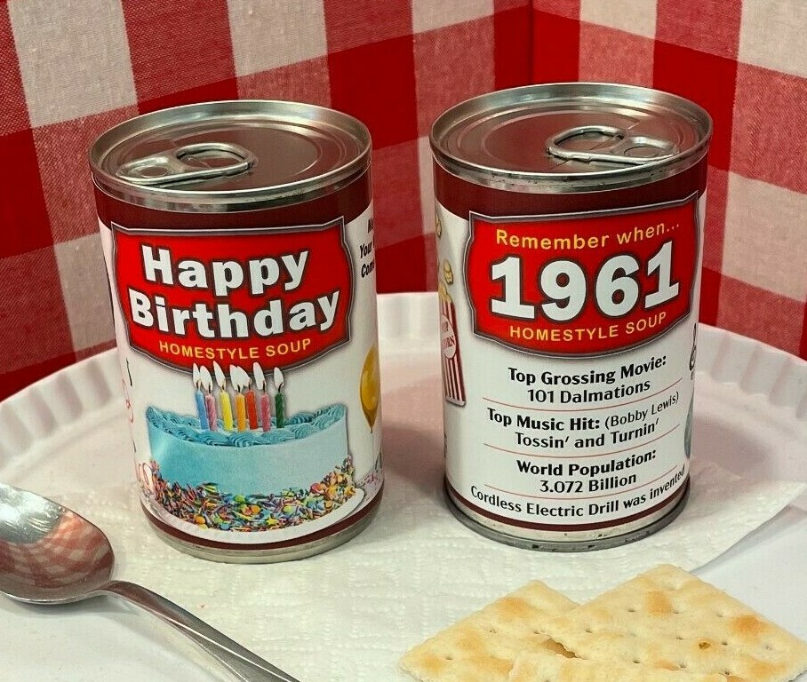 2x Year of Birth 1961 Happy Birthday Soup Can Label UNIQUE GIFT PRESENT DECOR