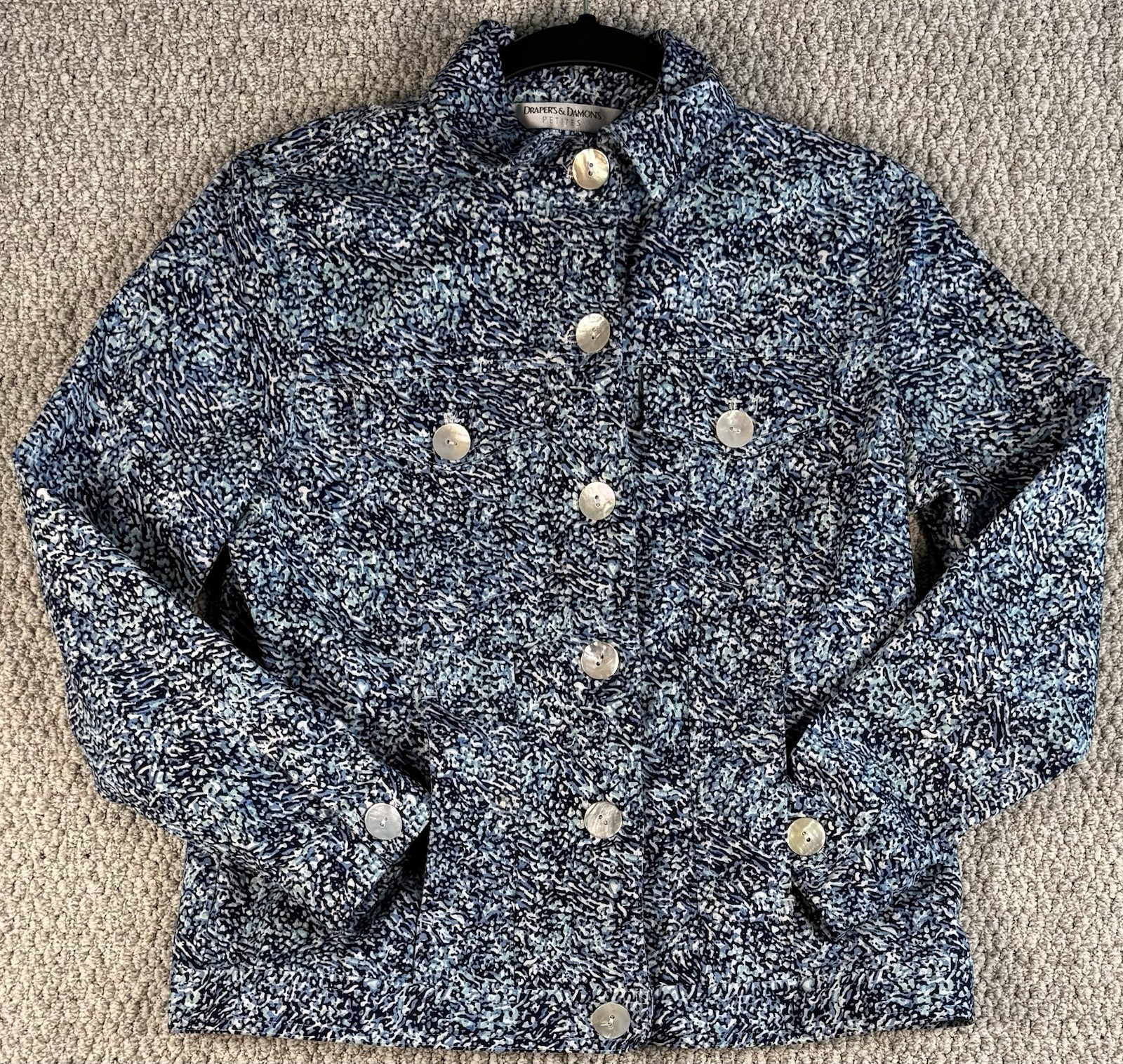 Women Petite Sm Blue Abstract  Jacket Shacket Button  Stretch Casual Denim Style