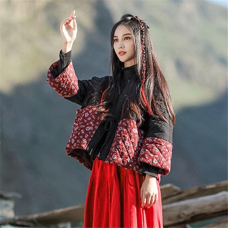 Retro Chinese Style Women's Floral Print Cotton Padded Linen Quilted Short Coats