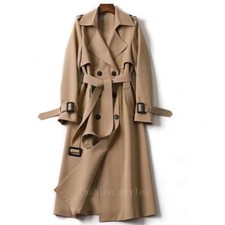 Womens British Style Double Breasted Lapel Collar Belt Trench Outwear Midi Coat