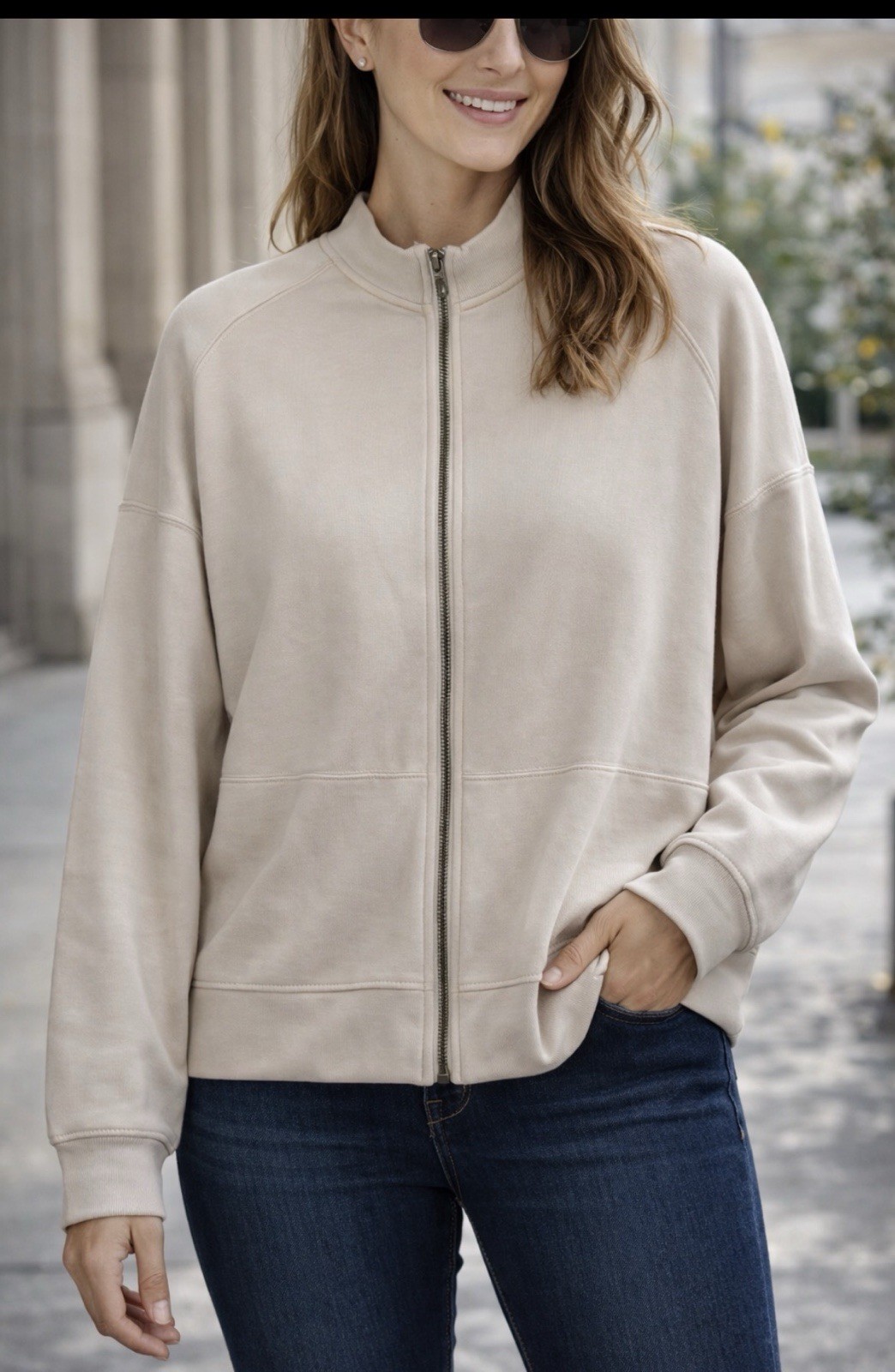 Beige Zip Up Jacket Women Neutral Sweatshirt Bomber Style Lightweight Jacket
