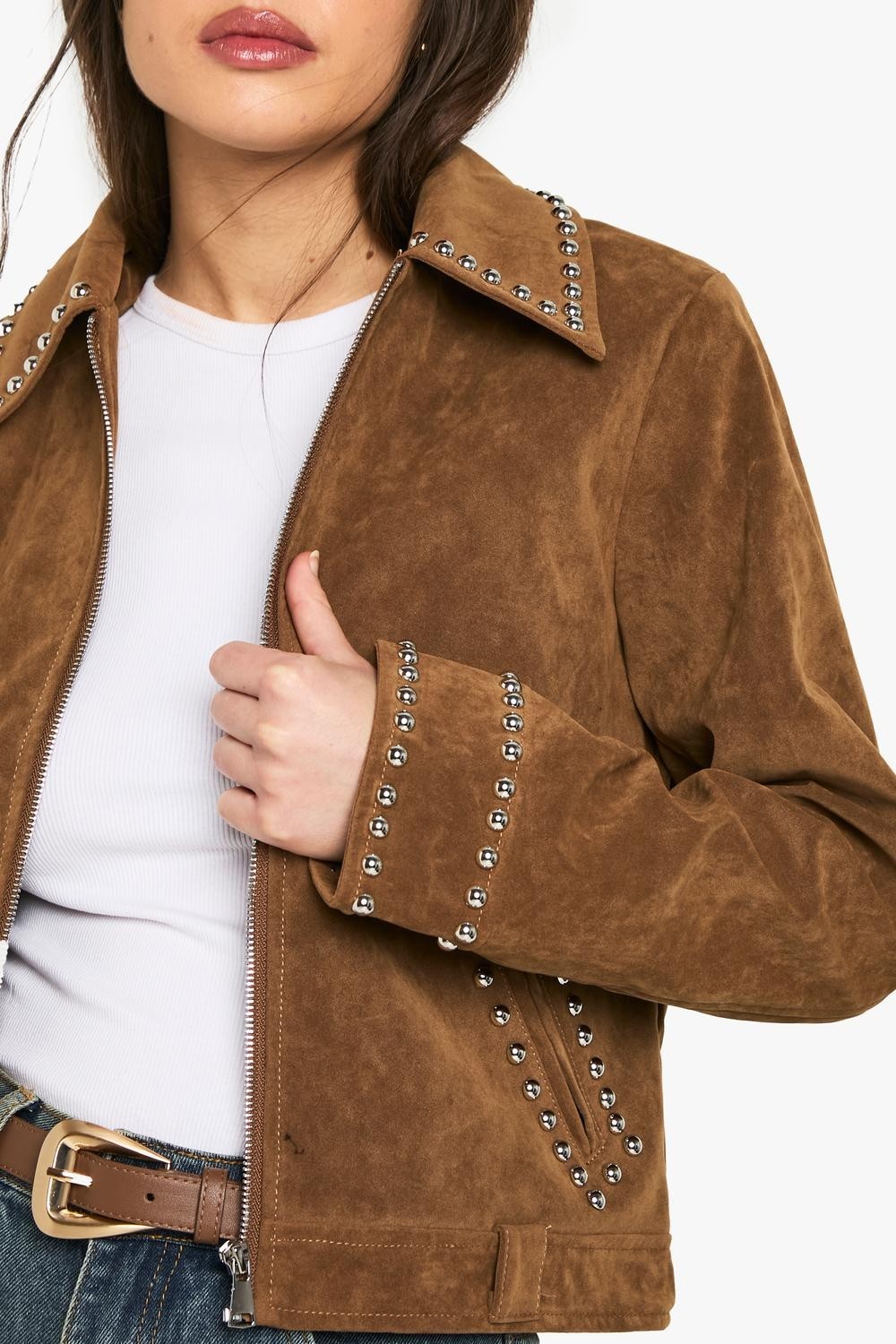Women’s Real Suede Studded Jacket Brown Zip-Up Soft Lined Western Style Coat