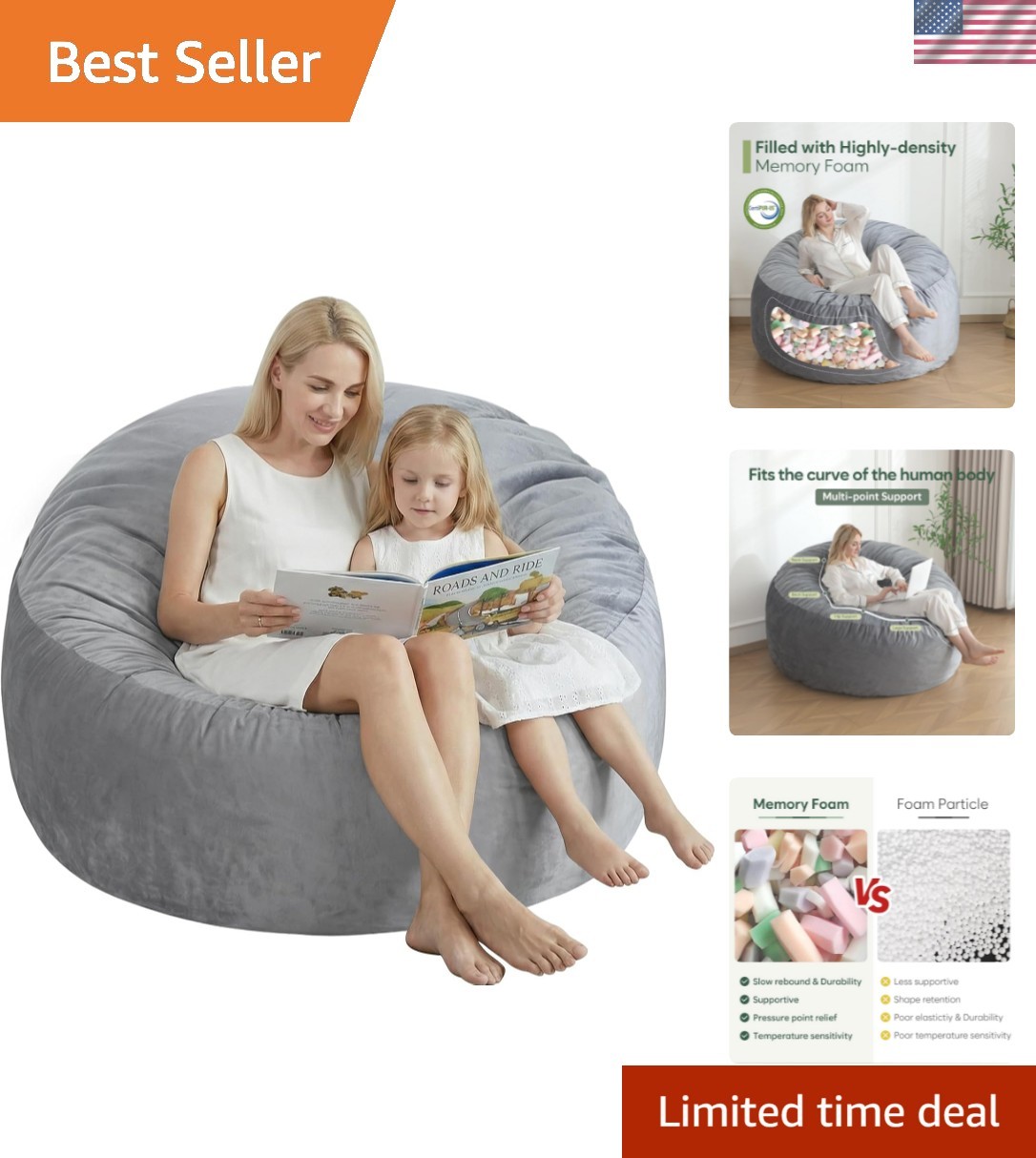 3 Ft Bean Bag Chair, Memory Foam Bean Bag Chairs for Adults with Filling, Rou...