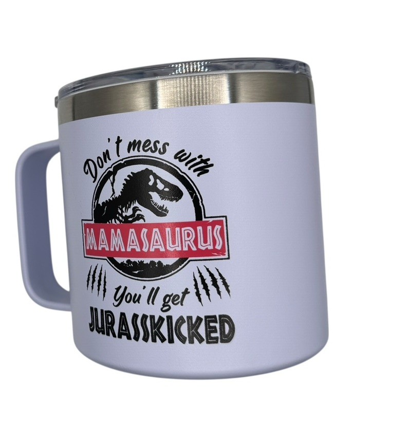 Funny Mamasaurus Insulated Coffee Mug 4” Travel Cup w Lid Mom Gift White