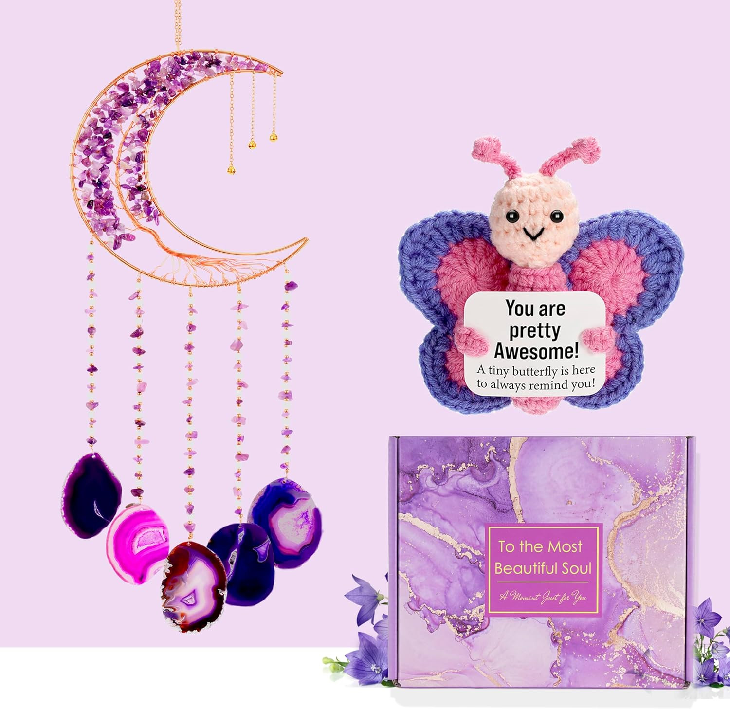 Birthday Gifts for Women - Inspirational Purple Amethyst Crystal Wind Chimes wit