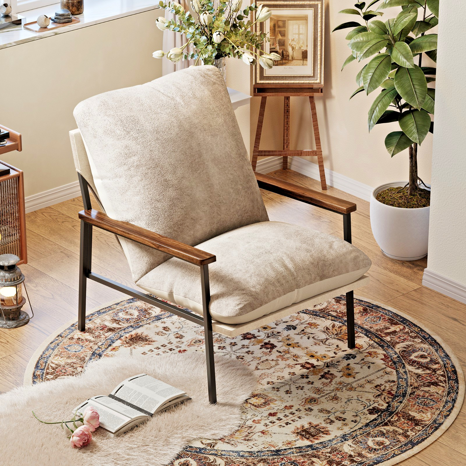 Cloud Accent Chair Dual-Sided with Acacia Wood Armrests & Sturdy Metal Frame