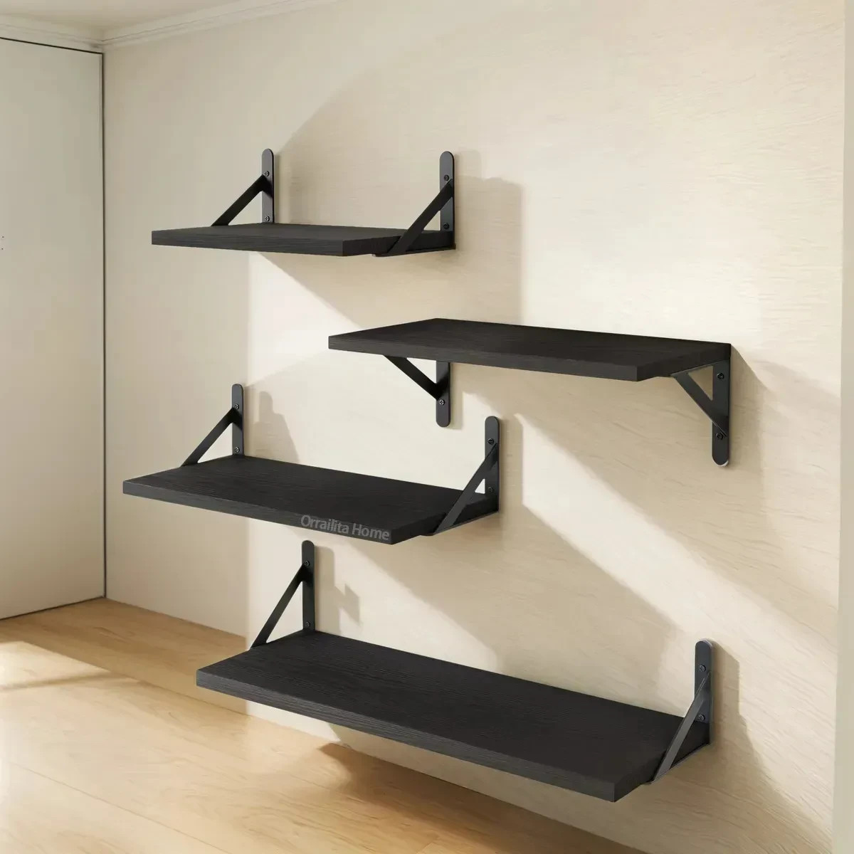 4 Minimalist Wooden Floating Shelves for Home Decor, Black - NEW