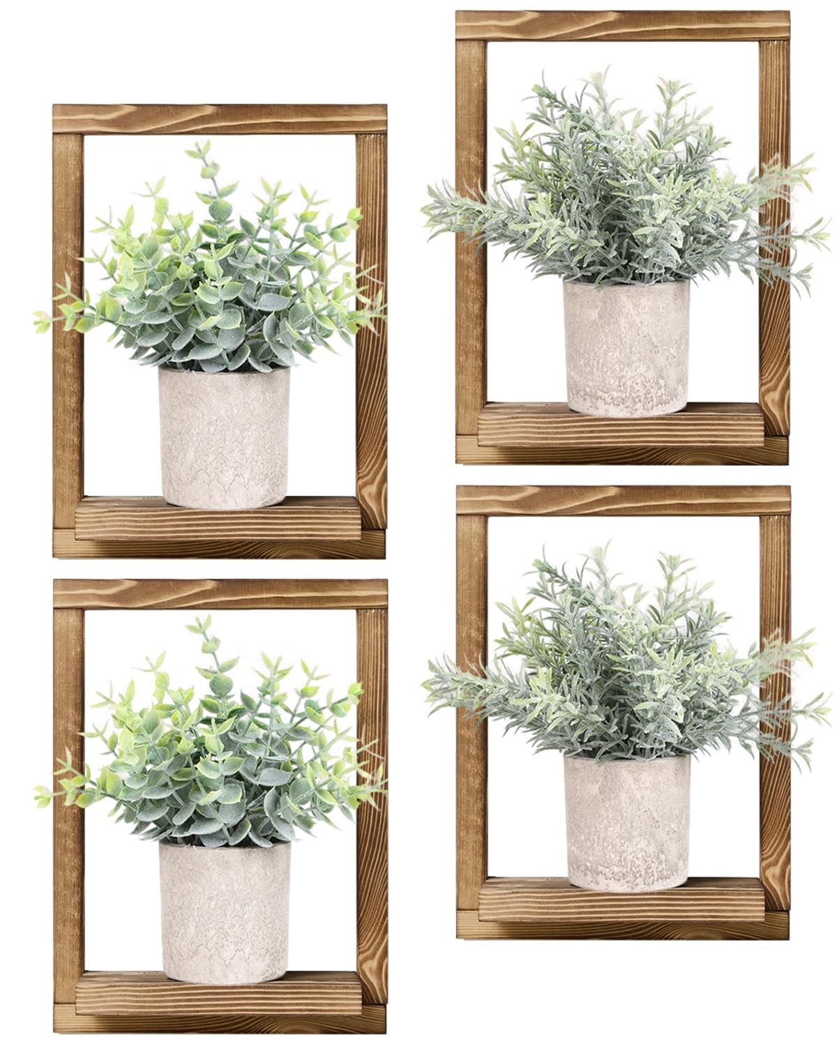 4 Pack 3D Farmhouse Wall Art with Faux Plant, Textured Wood Wall Decor, Bohem...