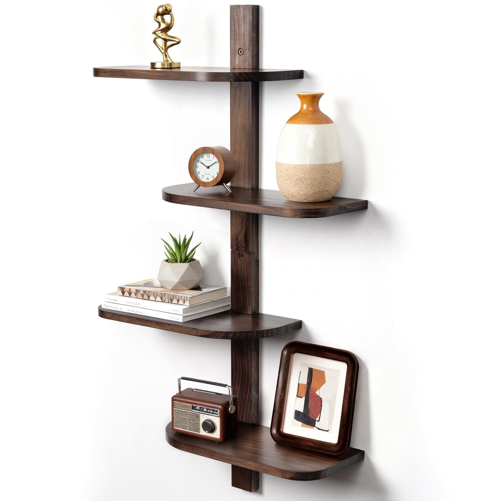 Mid Century Modern Decor Floating Shelves Walnut Display Shelf Wall Unit Soli...