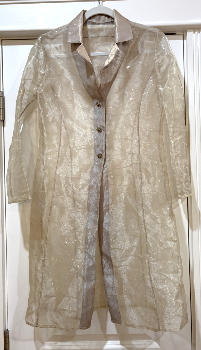 Sheer Gold Metallic Embroidered Organza Duster Jacket Satin Collar Sz M READ