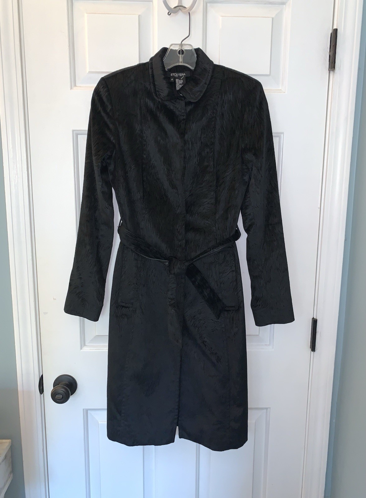 Etcetera Women’s Black Button Coat Belted Textured Cotton Jacket Size 0 Long