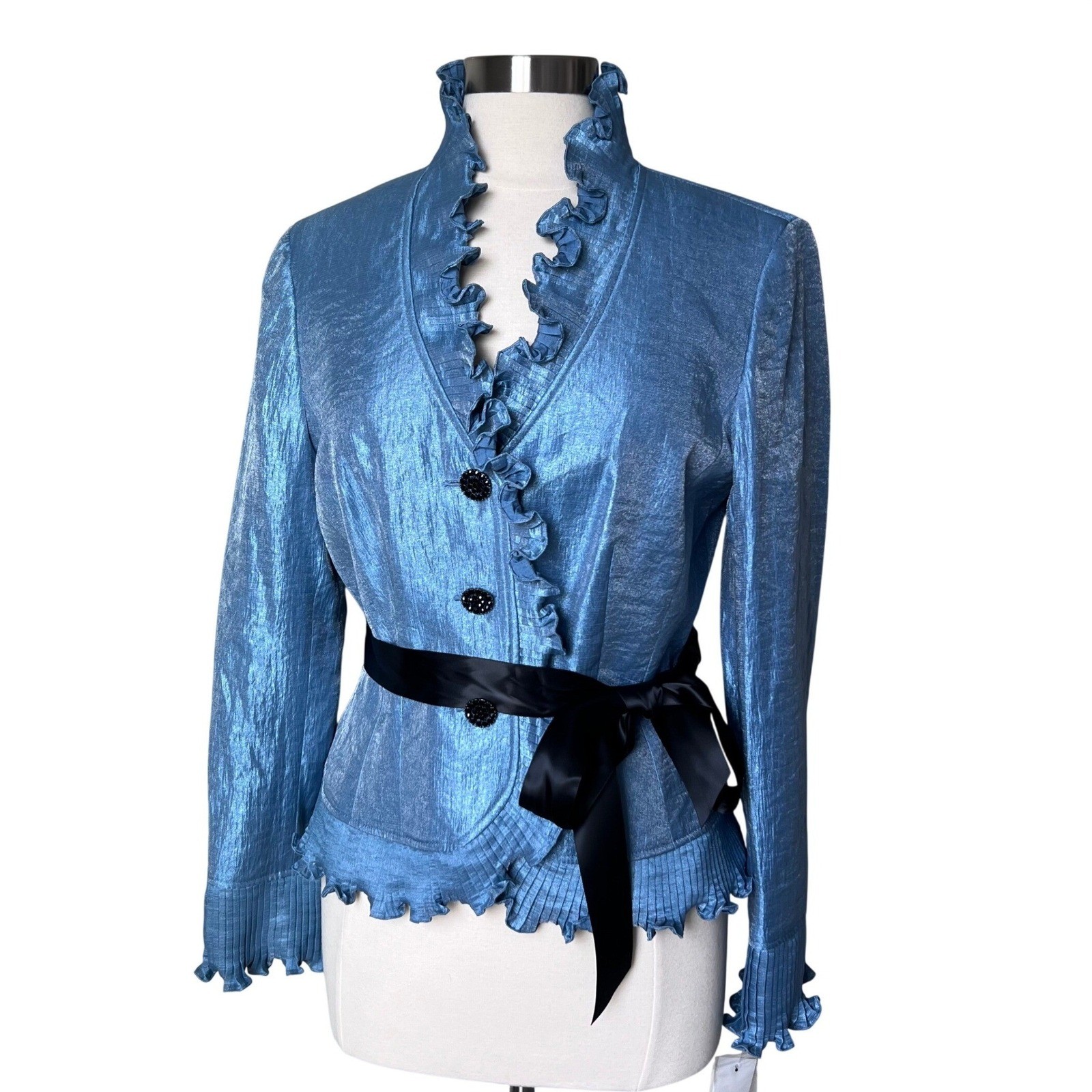 Adrianna Papell Evening Essentials Blue Metallic Ruffle Collar Button Blazer 10
