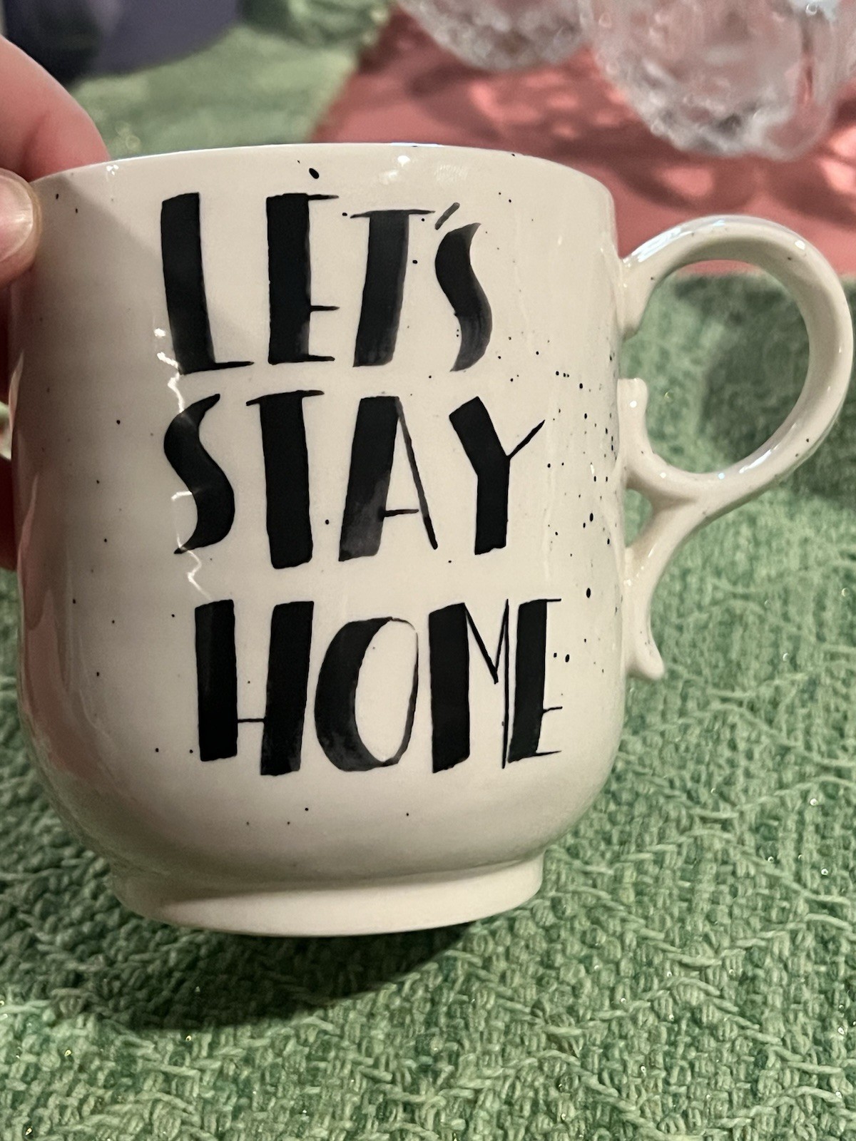 New Anthropologie LET'S STAY HOME Coffee Cup Mug Black White Specks Cozy Cabin