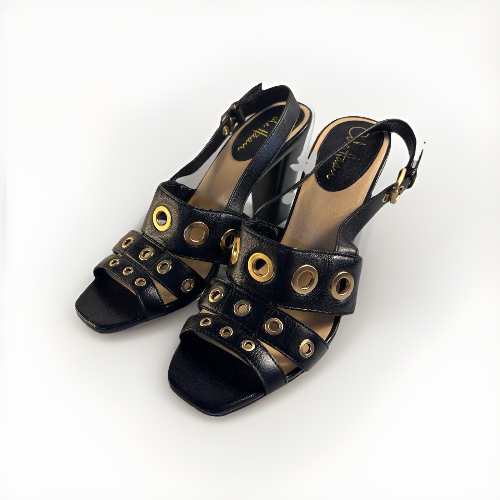 Cole Haan Black Slingback Heels w/ Gold Grommet detail Glam Rock Edgy Witchy