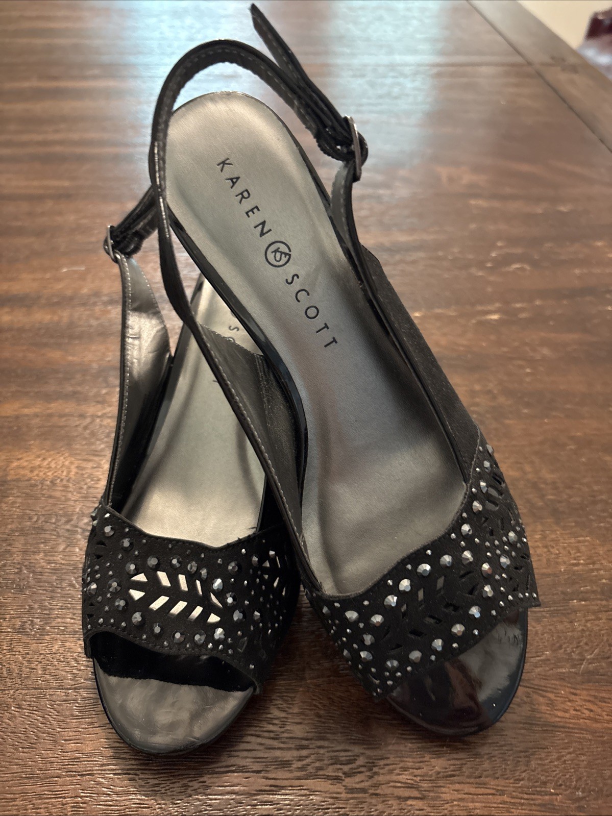 Prom/Evening Black Heels, Sz 7.5 M, Karen Scott, Patent/Suede Look, 3.5” Hee