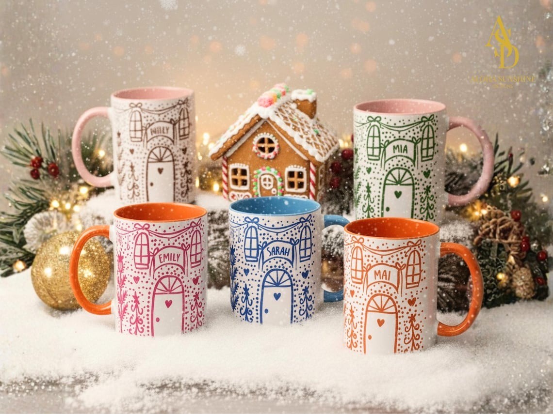 Personalized Christmas Mug, Hand Drawn Cozy Home Mug, Custom Name Holiday Mug