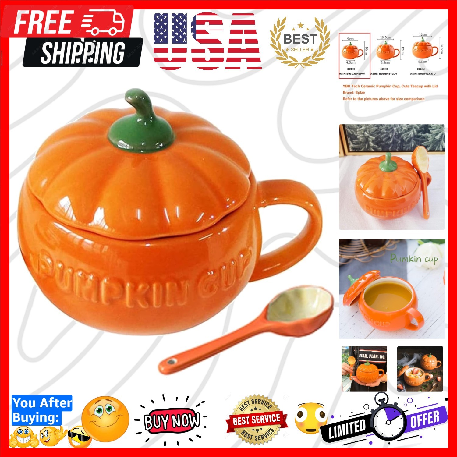 Stylish 8.5oz Pumpkin Cup with Lid & Spoon - Perfect for Cozy Home Drinks