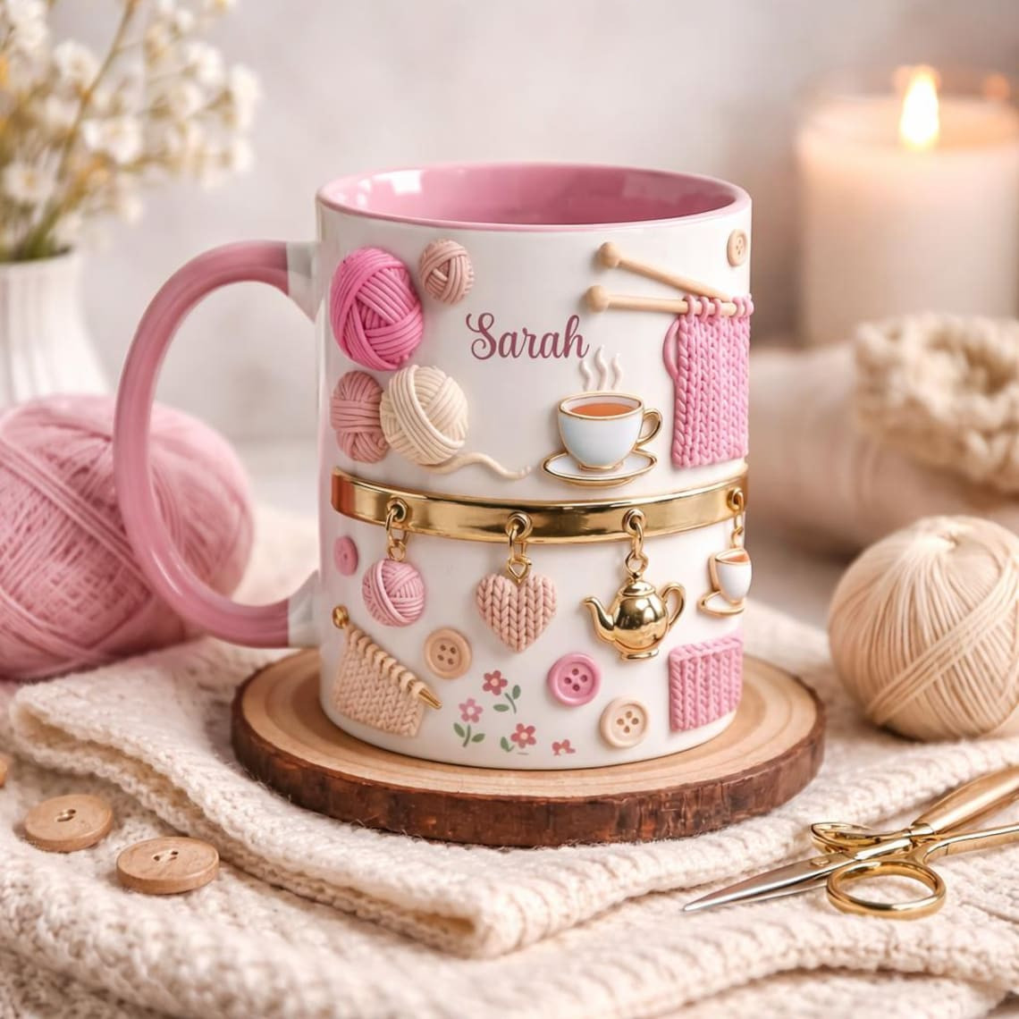 Personalized Knitting 2D Mug, Cozy Crochet Coffee Cup, Pink Handmade Style Mug
