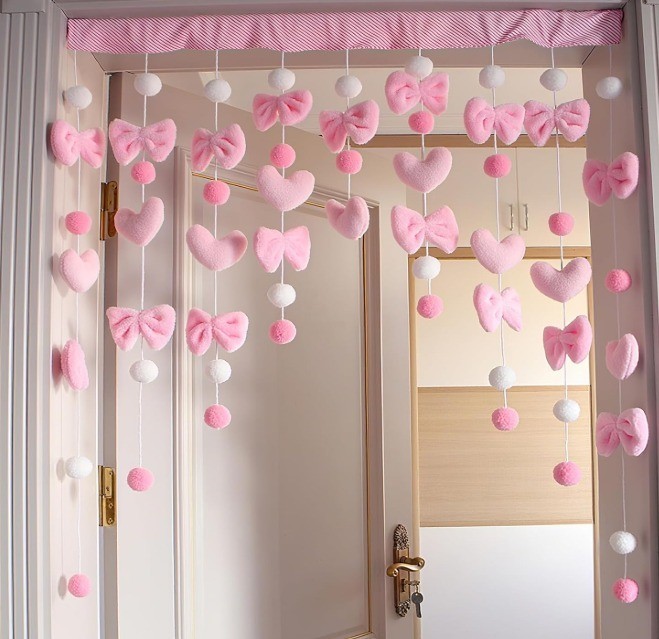 Kawaii Plush Window Door Curtain Pentagram Bow Pompom Ball Cute Home Decor