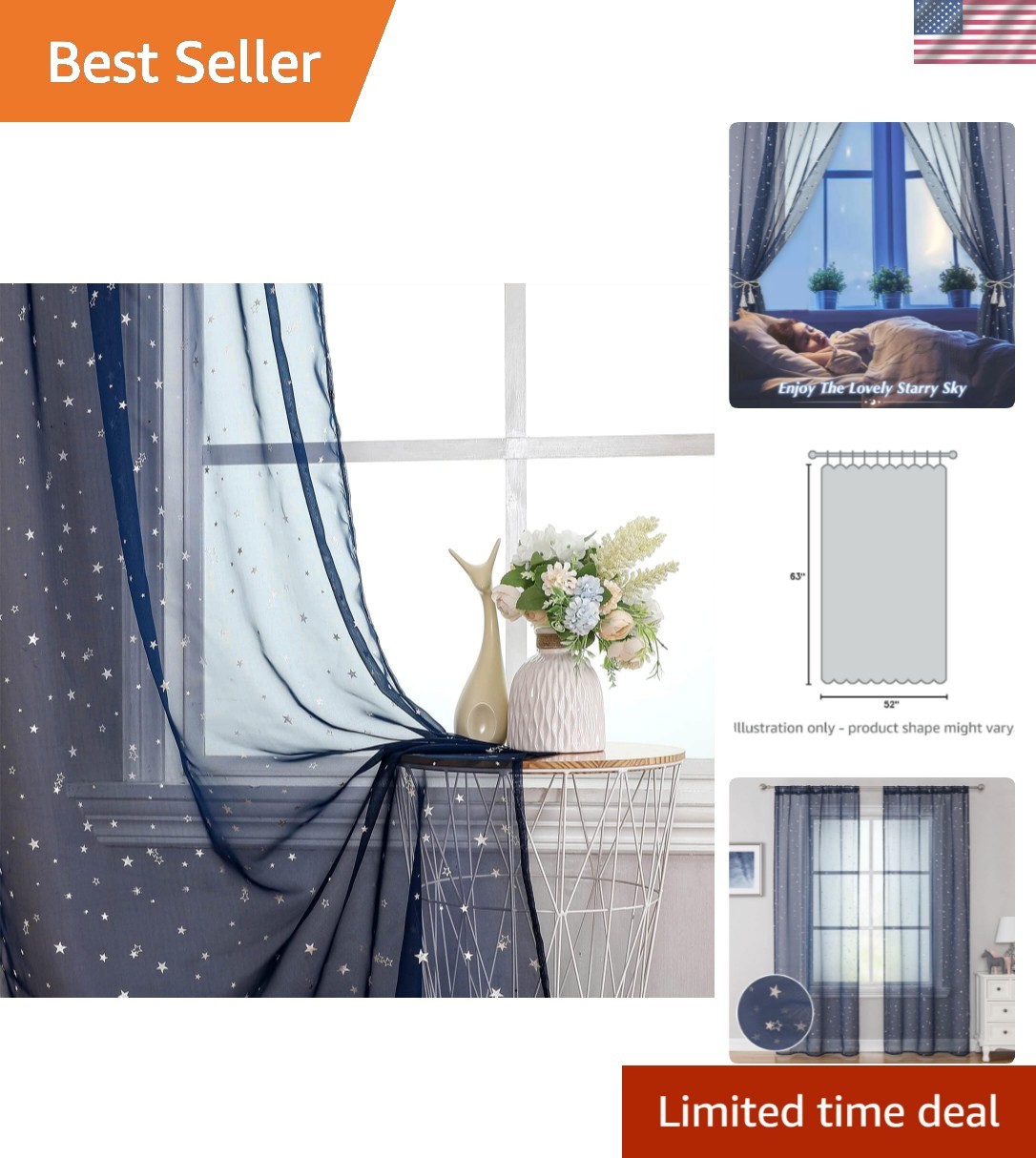 Navy Blue Star Sheer Curtains for Kids Room Nursery 63 Inch Length，Sparkly St...