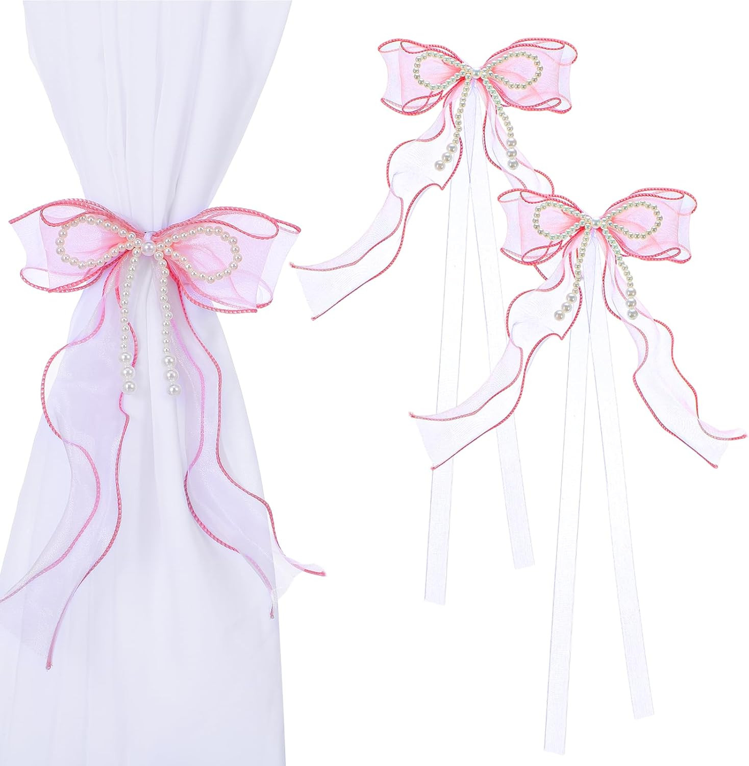 Pink Bow Decor Curtain Ties, 2Pcs Cute Bow Curtain Tiebacks Exquisite Curtains T