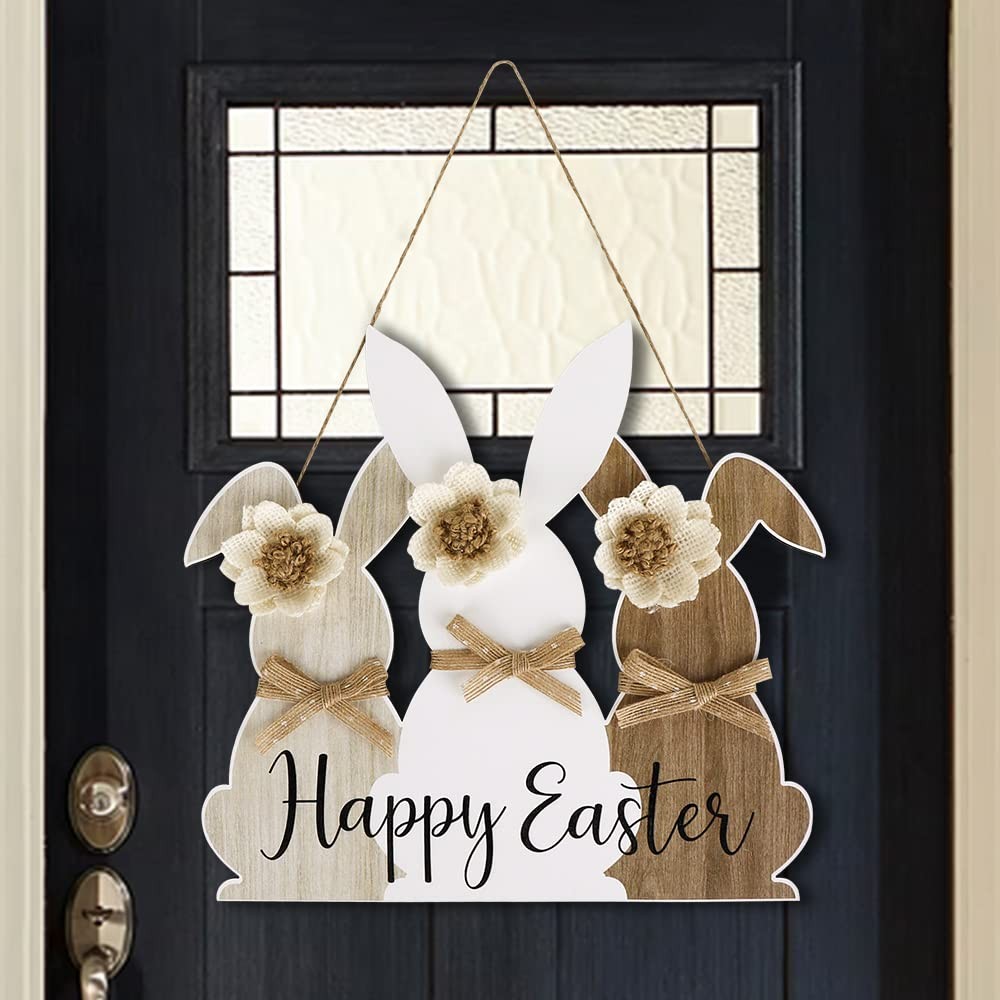 Easter Wooden Hanging Sign, Cute Wooden Bunny Happy Easter Wreath Door Sign, Gre
