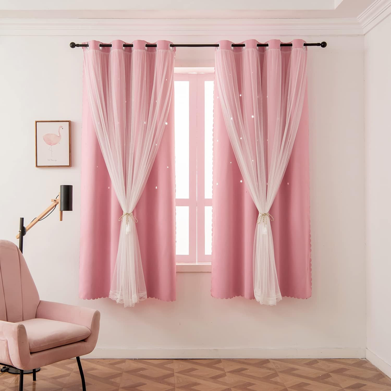 Pink Curtains for Girls Bedroom Kids Baby Room Decor Cute Double Layer Star Cuto