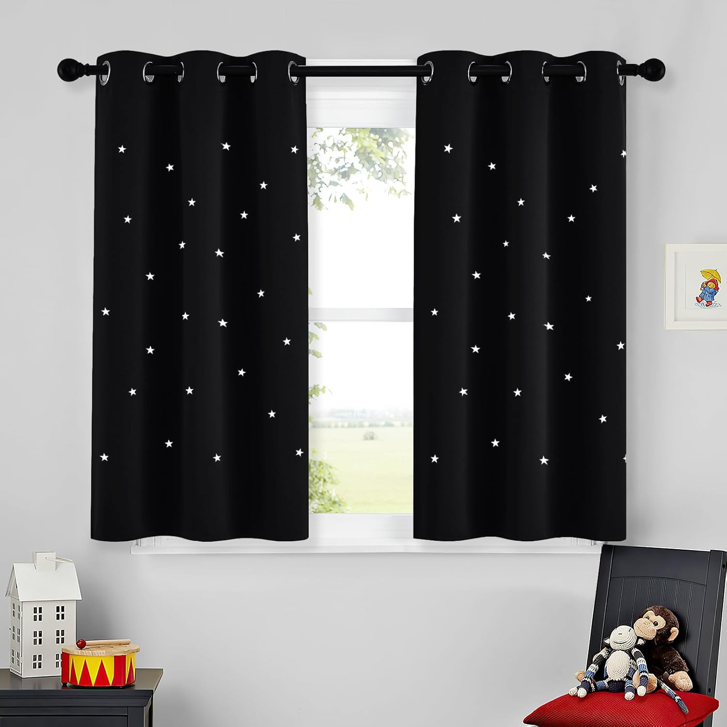 Star Blackout Kids Curtains 45 Inches Long, Grommet Top Space Decor Cute Nusery