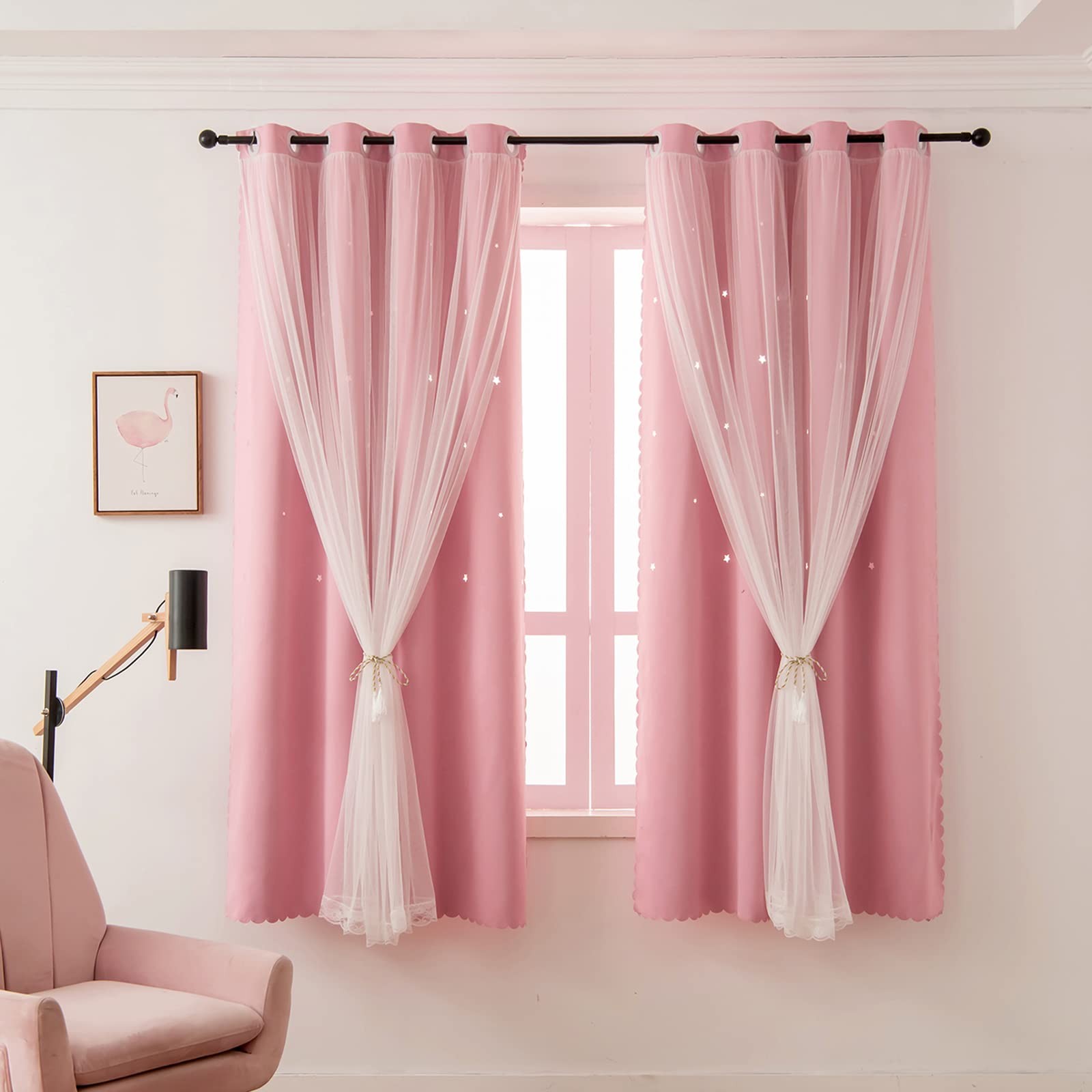 Pink Curtains for Girls Bedroom Kids Baby Room Decor Cute Double Layer Star C...