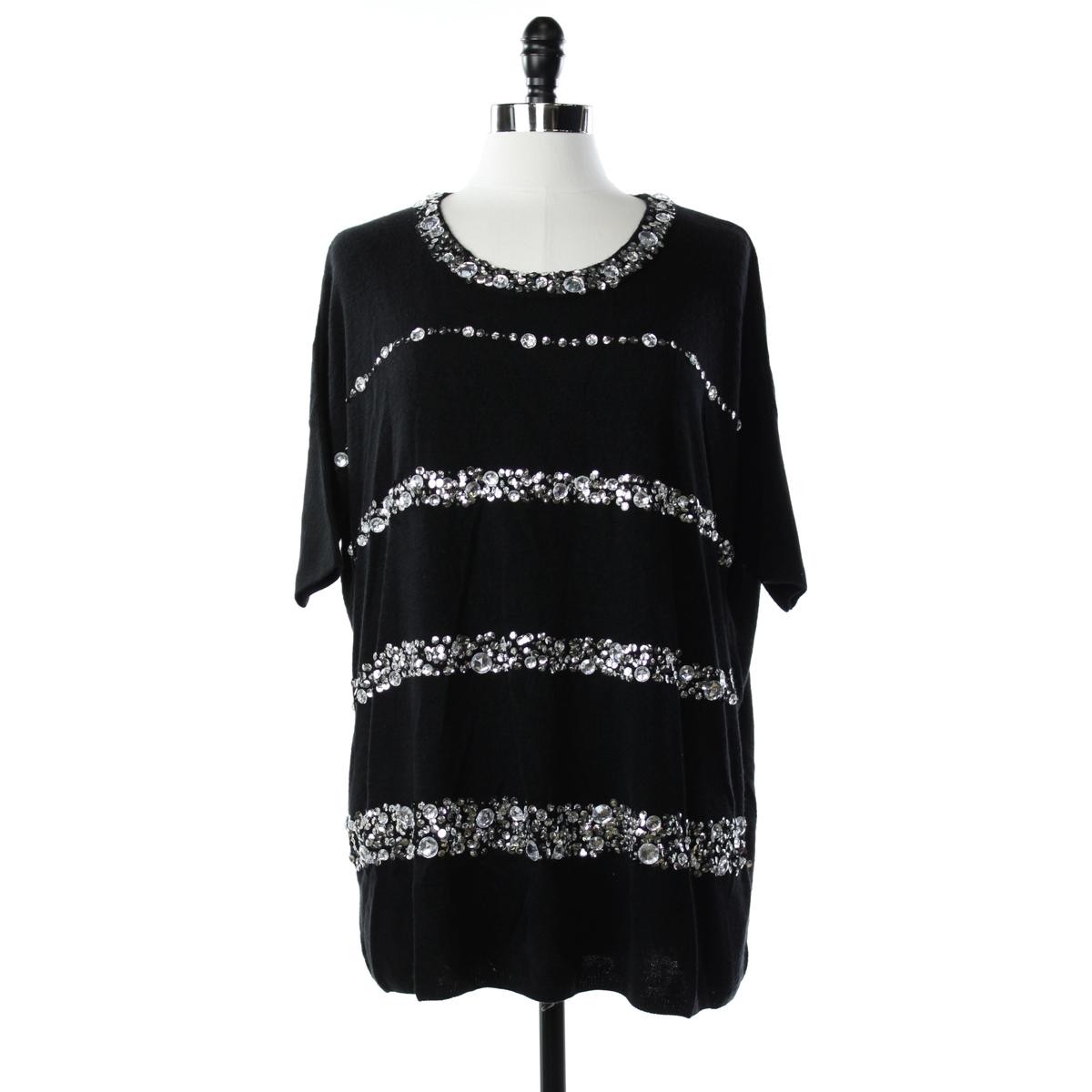 Joan Boyce NEW Womens XS/S Black Trendy Rhinestone Crew Pullover Sweater $40