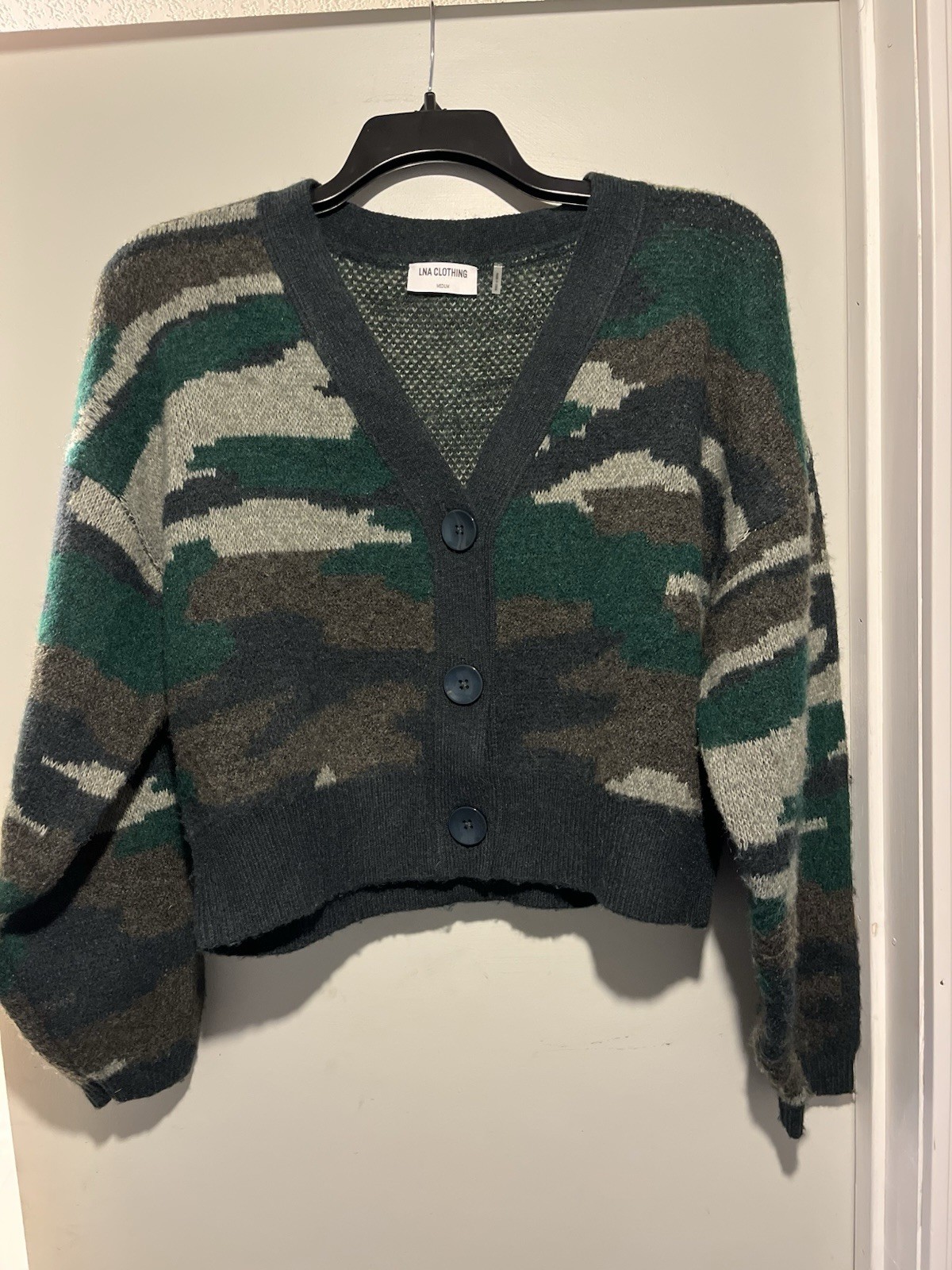Ladies Medium cardigan sweater by LNA - Camo Button Up Sweater,  trendy fashion 
