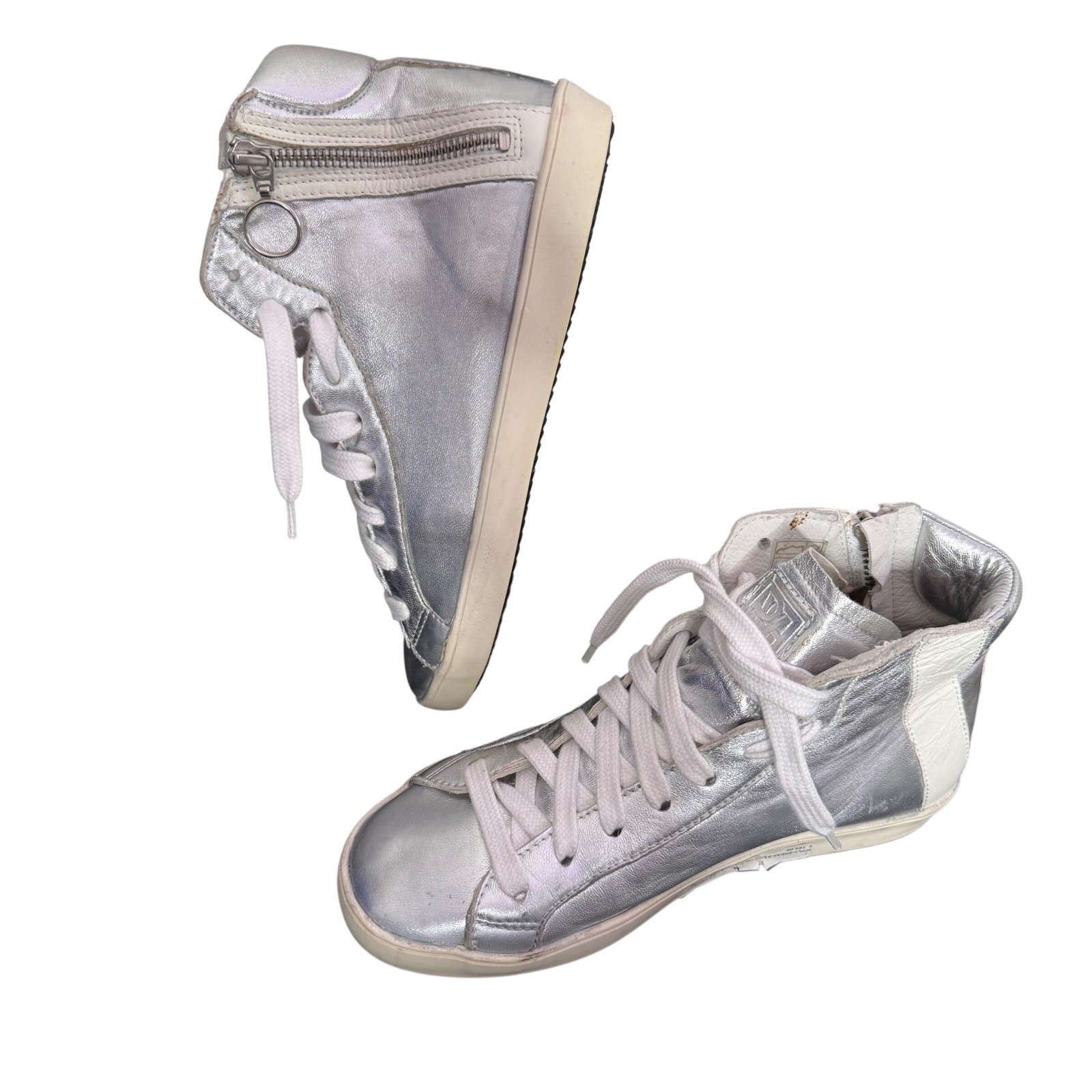Womens Metallic Silver High Top Sneakers Size 36 US 6 Statement Shoe Maximalist