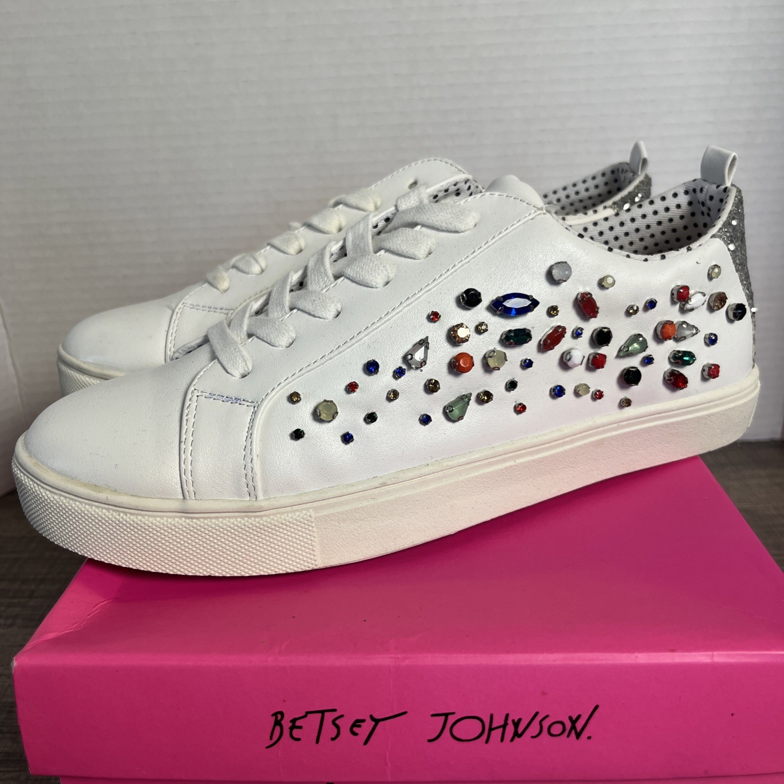 Betsy Johnson Tippie White Rhinestone Glam Sneakers Size 8.5 Statement Shoe NIB
