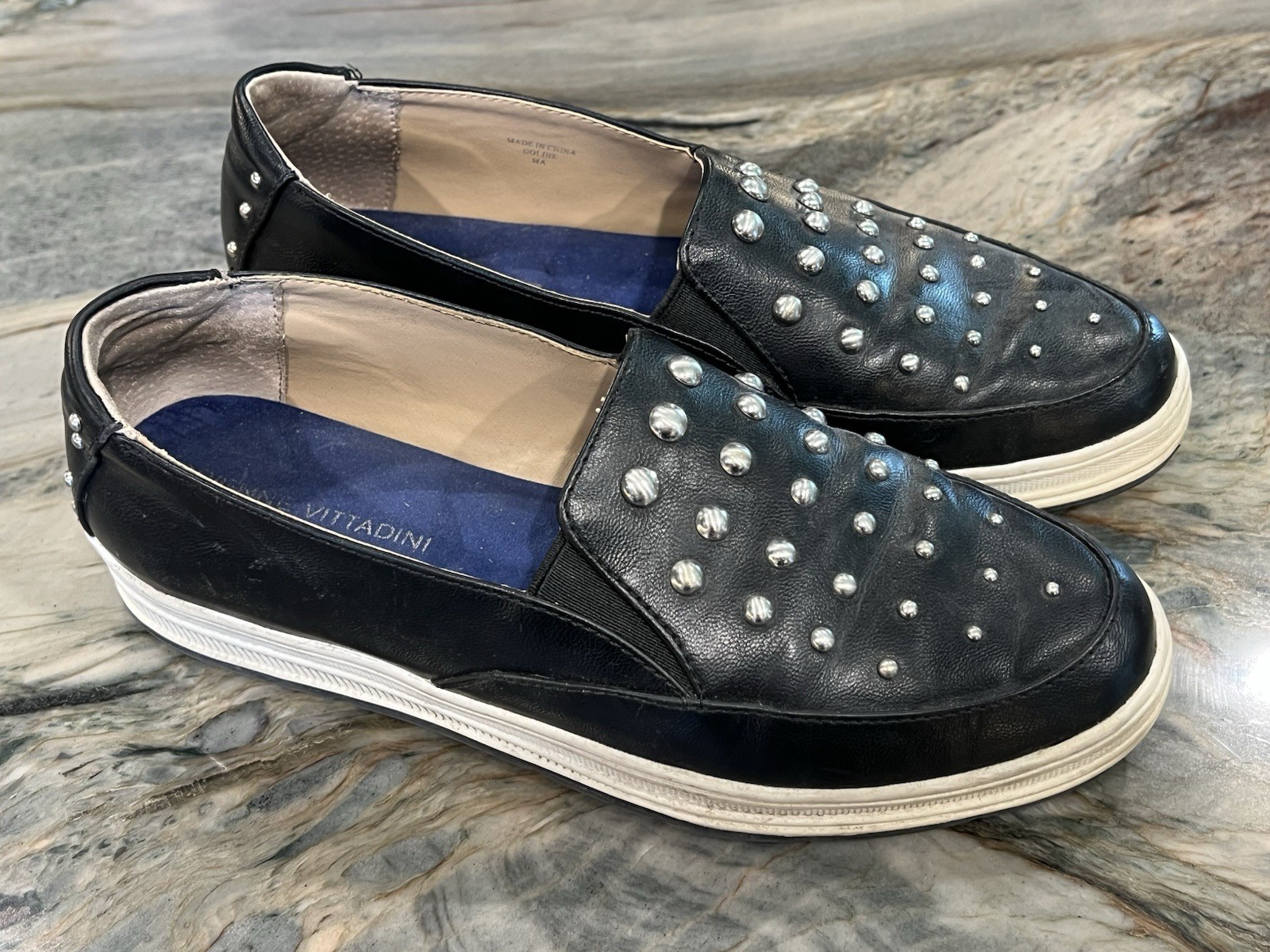 Adrienne Vittadini  Slip-On Statement Sneakers Black Silver Studs Size 6