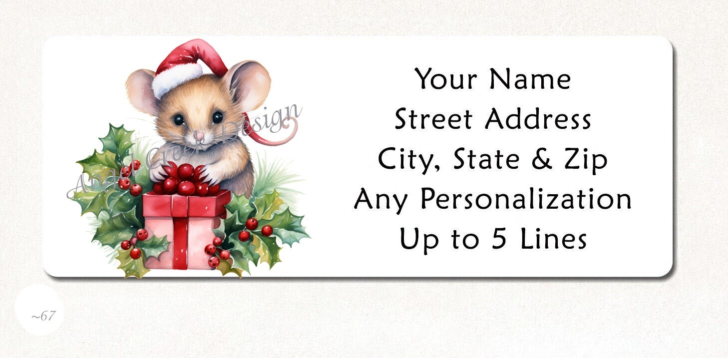 30 CUTE CHRISTMAS MOUSE w/GIFT PERSONALIZED RETURN ADDRESS LABELS,  1" x 2.625"
