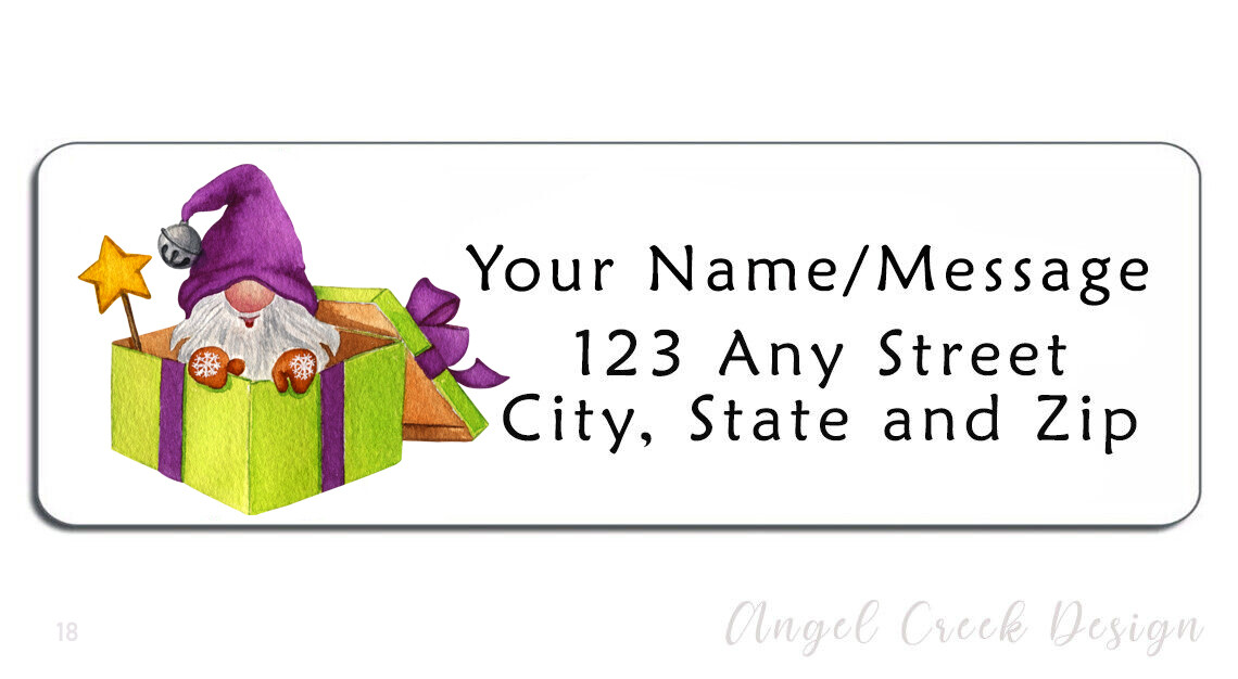 60 Personalized Return Address Labels 2/3" x 1 3/4"- Gnome in Gift Box Christmas