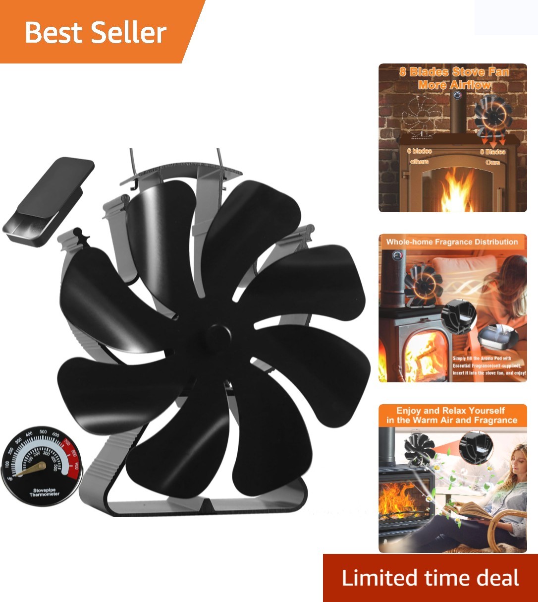 Non-Electric Heat Activated Thermal Fan for Cozy Homes - Includes Thermometer