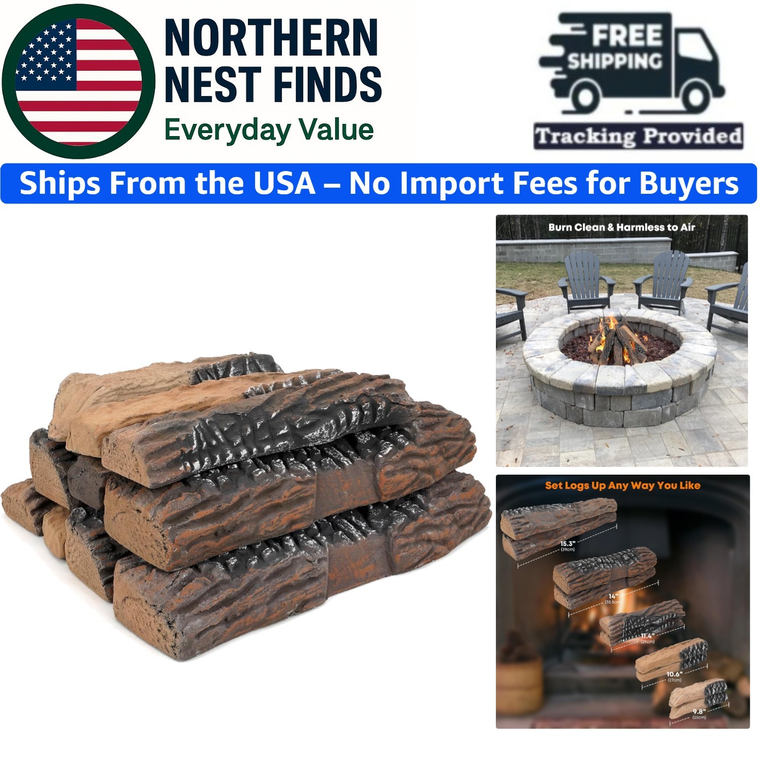 Natural Wood Flavor Large Ceramic Gas Logs – Ember Effect for Fireplaces