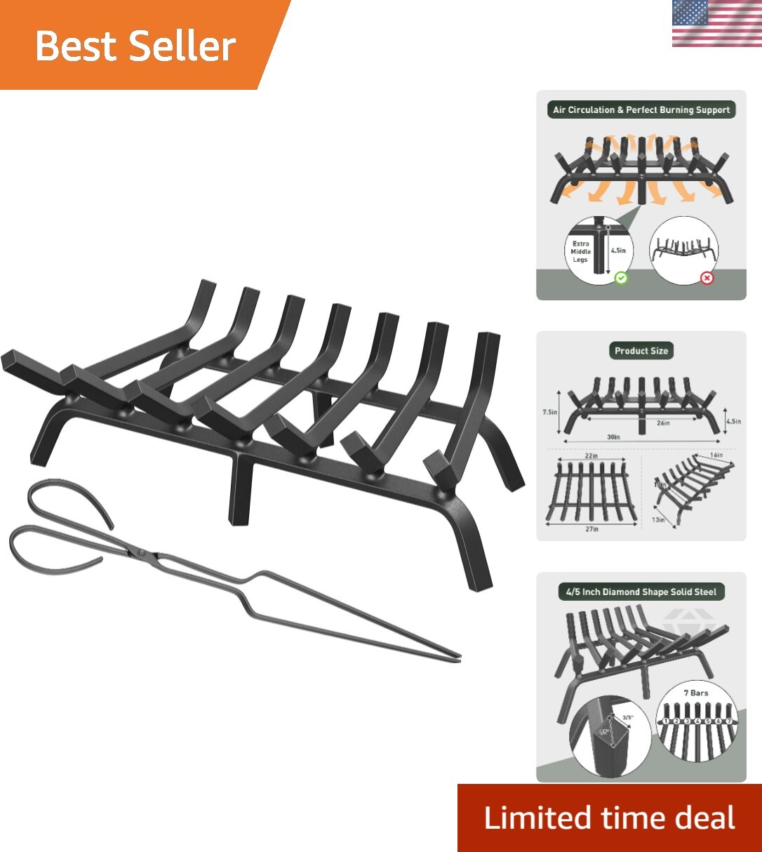Wrought Iron 30" Fireplace Log Grate - Stylish Design with Sag-Resistant Support