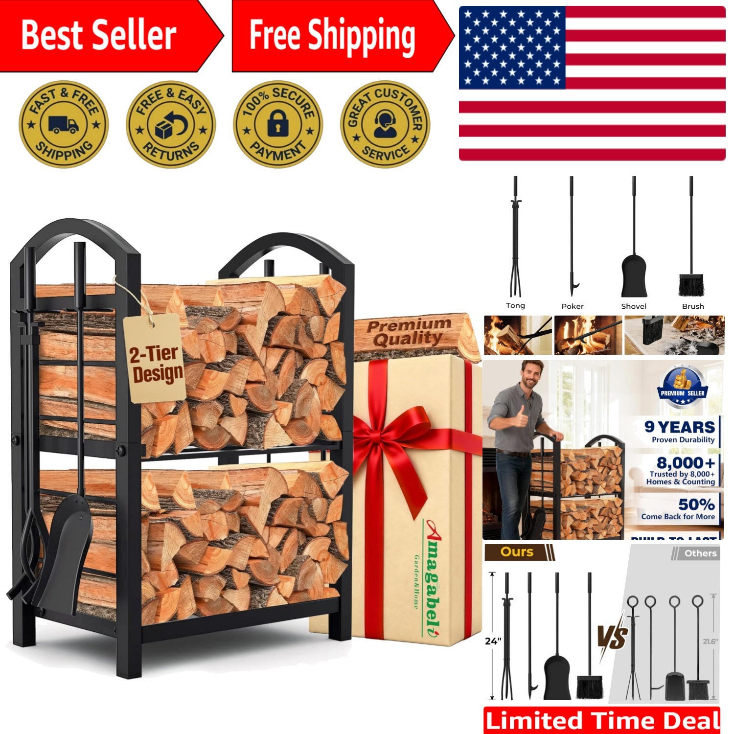 Versatile Wrought Iron Firewood Rack and 5-Piece Tool Set for Cozy Living Spaces