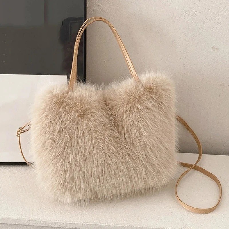 Faux Fur Tote Bag Women's Bucket Plush Luxury Design Ladies Handbags Soft Winter