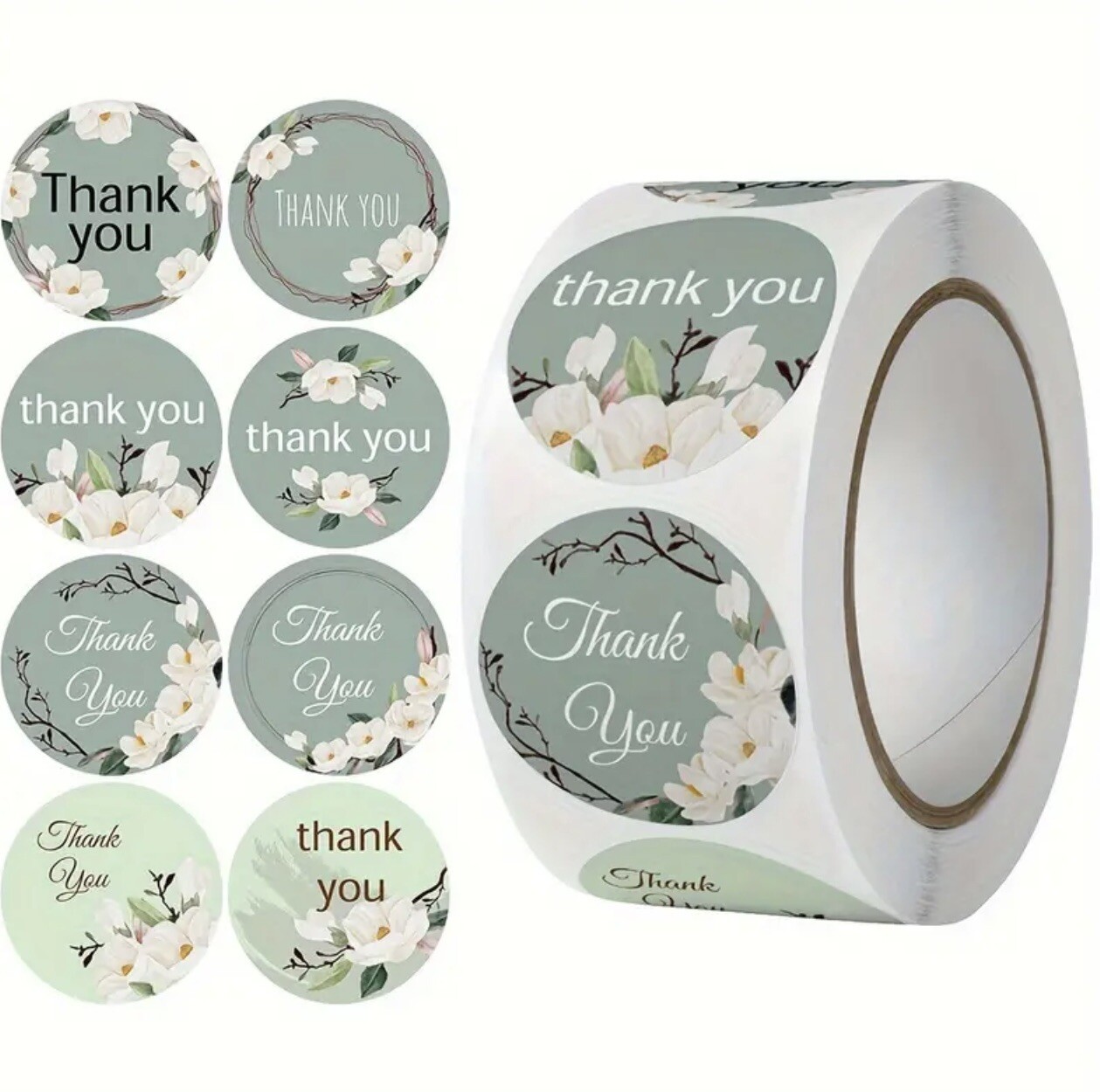 500pcs/roll “THANK YOU” Stickers Beautiful Flowers Cute Green Color All Purpose