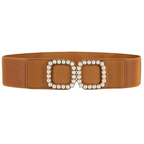 Women's Elastic Wide Pearl-Buckle Stretch Waist Belts for Elegant Dress Top